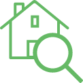 Icono verde de una casa con una lupa delante