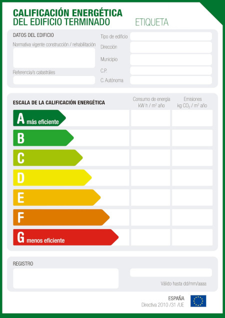 Documento de ejemplo de la Calificación Energética de un edificio con su correspondiente Escala de Calificación Energética