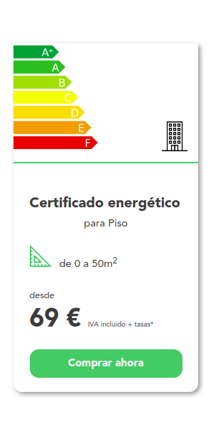 Ejemplo de precio de un Certificado Energético para un piso de menos de 50 metros cuadrados, en una Comunidad Autónoma sin tasas administrativas. 69€ IVA inlcuido