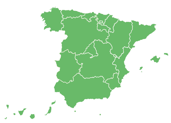 Mapa de España en color verde con las Comunidades Autónomas silueteadas en blanco